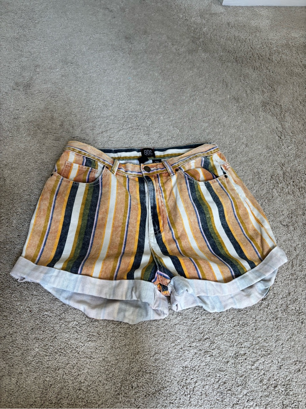 BDG Striped Yellow, Navy & Green Rolled-Hem Jean Shorts
